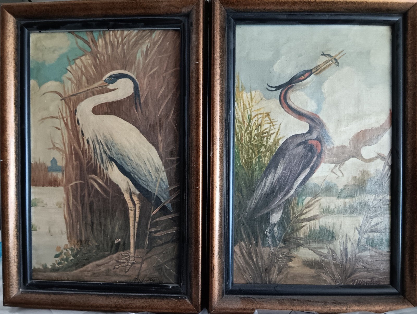 Schilderij R. Wouters - Reigers in Landschap (2 stuks), Ophalen of Verzenden