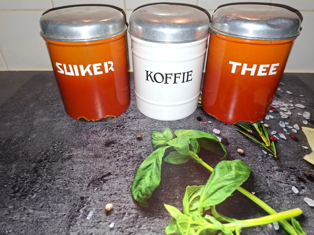 Vintage emaille voorraadbussen: Suiker, Koffie, Thee, Ophalen