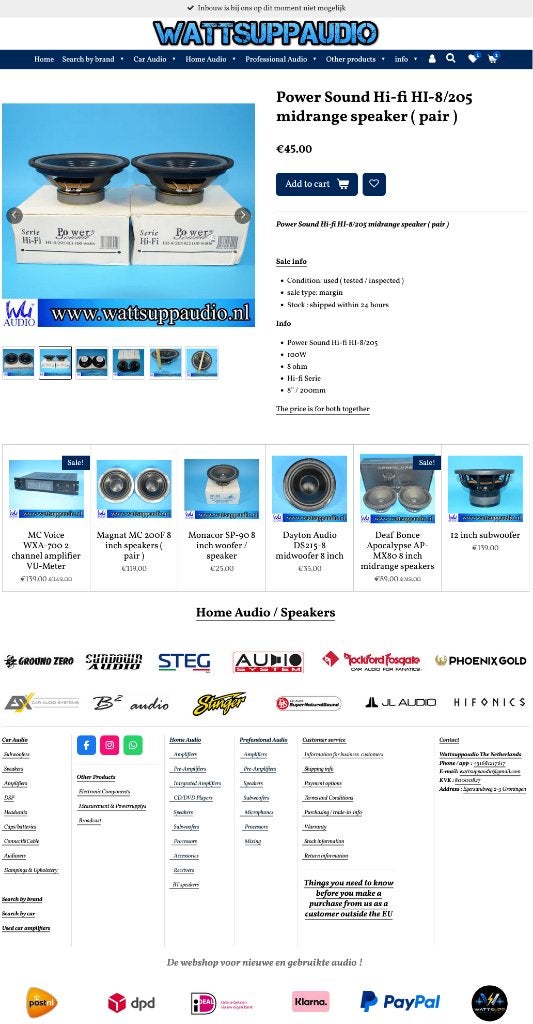 Power Sound Hi-fi HI-8/205 8 inch / 20 cm Speakers, Overige merken, Gebruikt, ., Ophalen of Verzenden