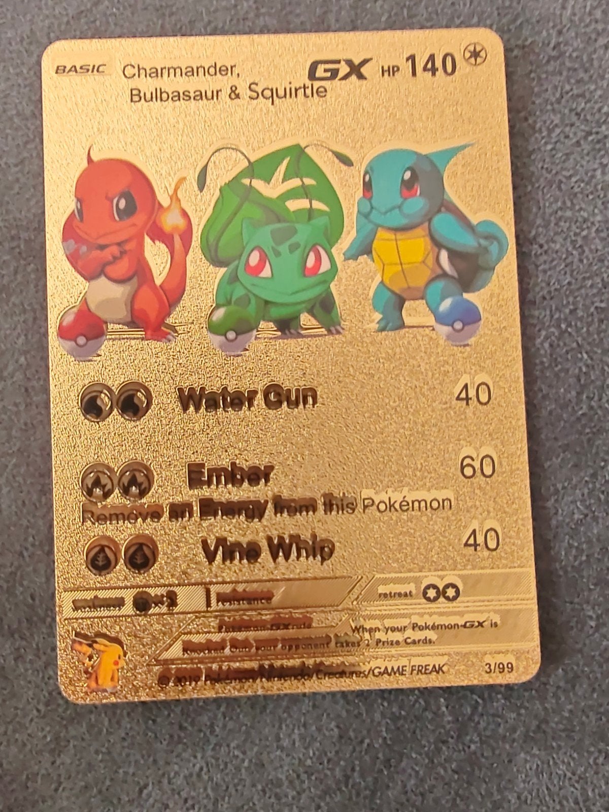 Gouden Pokémon Kaart Charmander Bulbasaur Squirtle GX, Ophalen, Zo goed als nieuw, Losse kaart, Foil