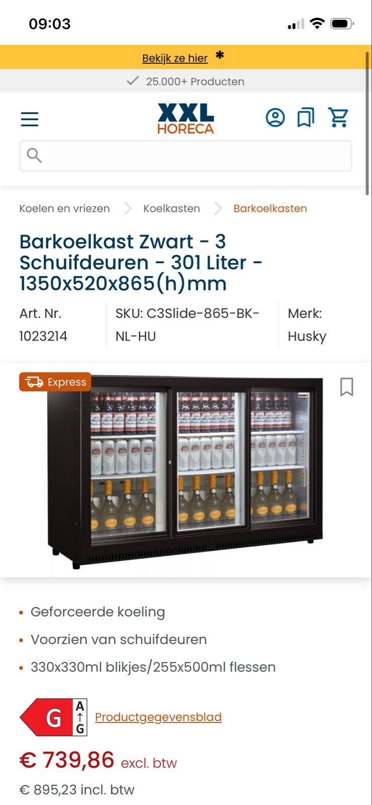 Barkoelkast Zwart - 3 Schuifdeuren - 301 Liter, Witgoed en Apparatuur, Ophalen, Minder dan 85 cm, 200 liter of meer, 60 cm of meer