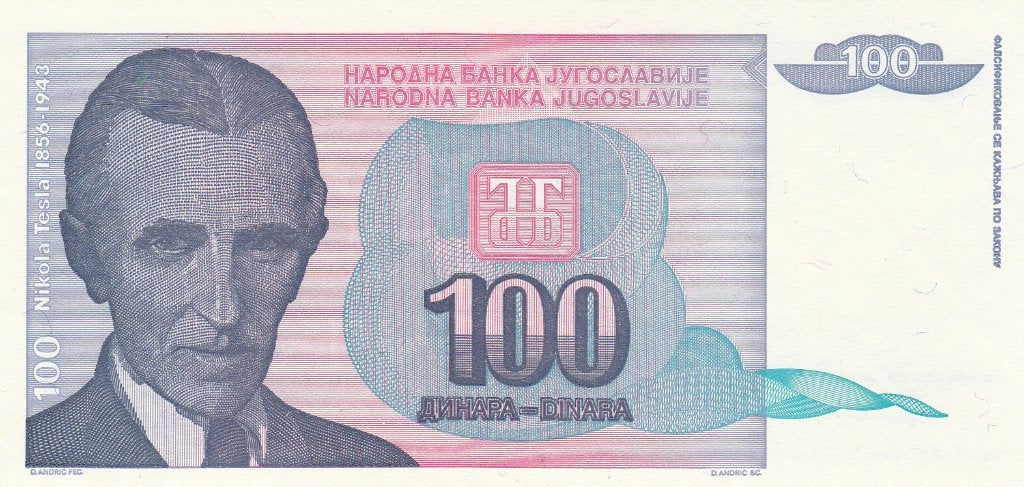 Joegoslavië - Nicola Tesla 100 Dinar 1994 UNC - P139.a, Ophalen of Verzenden, Joegoslavië