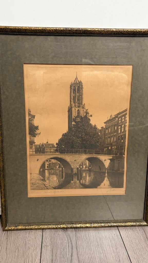 Originele ets / aquatint – Utrecht Oude Gracht met Domtoren, Antiek en Kunst, Ophalen of Verzenden, Stadsgezicht, Ets