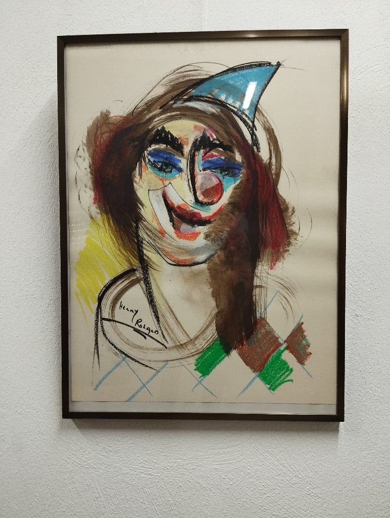 Henry Roland “Clown” in gemengde techniek op papier in kader, Ophalen