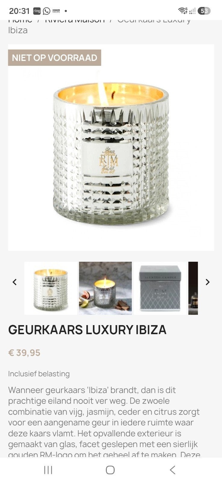 Riviera maison ibiza geurkaars luxe, Ophalen, Glas, Kaars, Nieuw