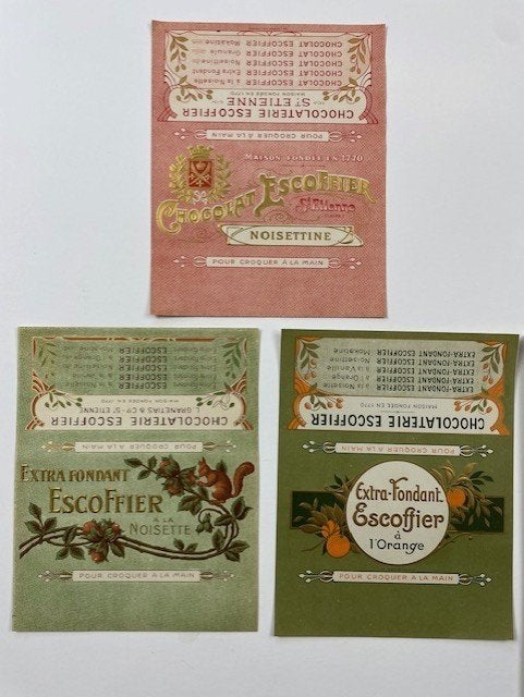 3 zeer oude chocolade etiketten +-1900 chocolat Escoffrier, Verzamelen, Ophalen of Verzenden, Zo goed als nieuw, Verpakking