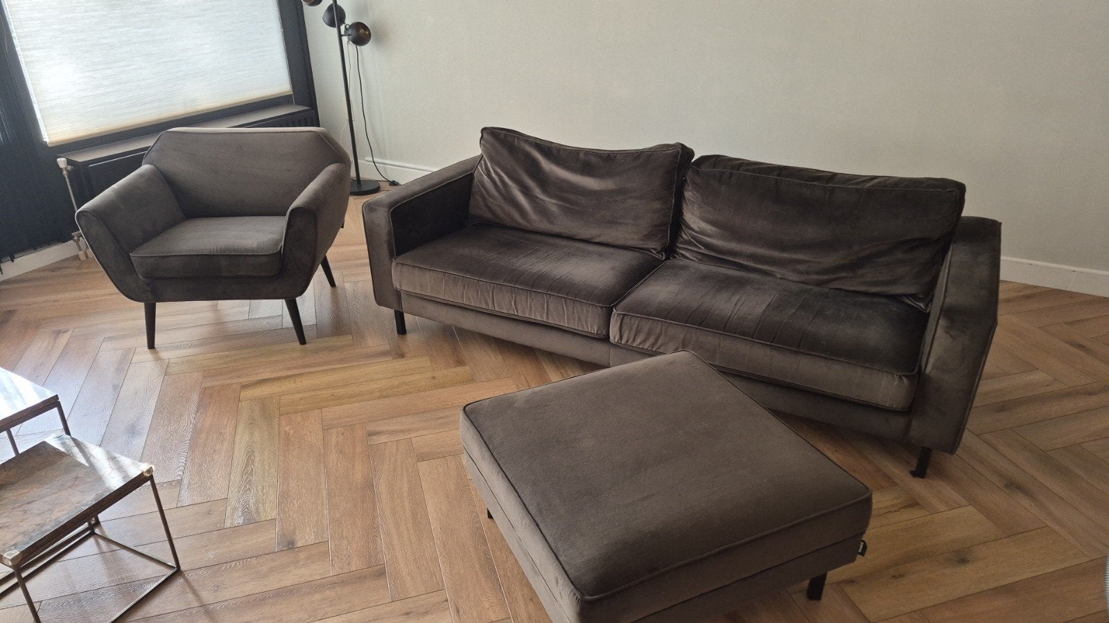 Complete set! WOOOD Fauteuil, 3-zits bank en hocker, Gebruikt, Driepersoons, 75 tot 100 cm, Ophalen of Verzenden