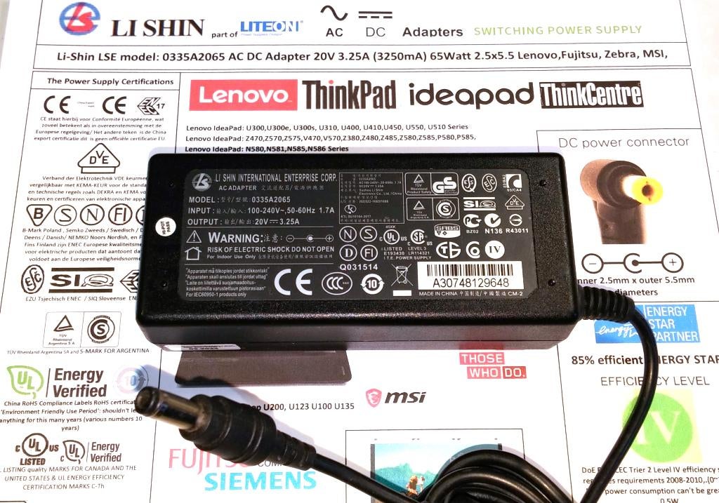 Li-Shin LSE 0335A2065 20V 3.25A 65W Adapter 40W 2A Lenovo, Ophalen of Verzenden, Zo goed als nieuw, Lenovo