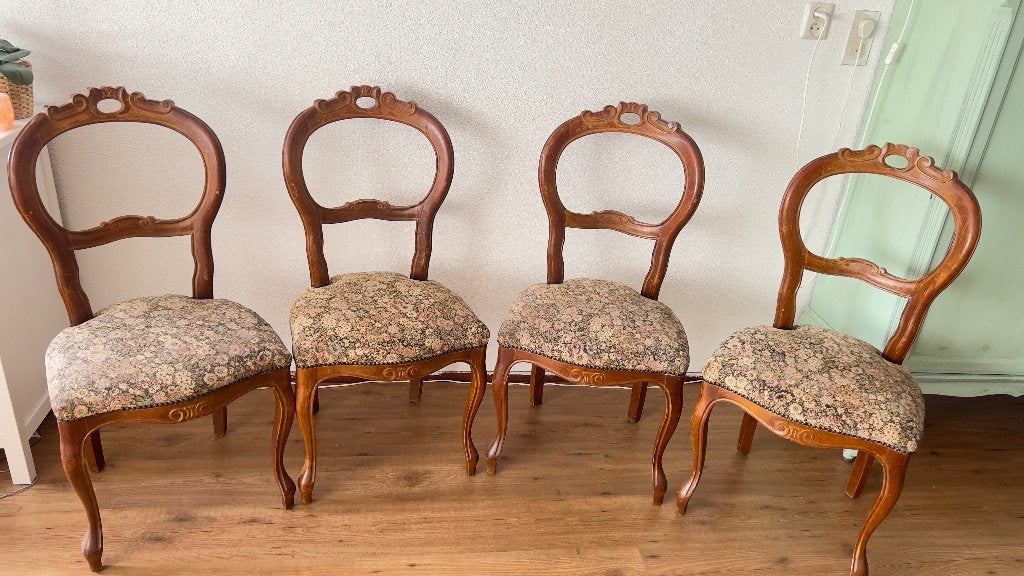 Set 4 antieke queen ann stoelen met bloemen stof, Huis en Inrichting, Ophalen, Hout, Bruin, Queen ann
