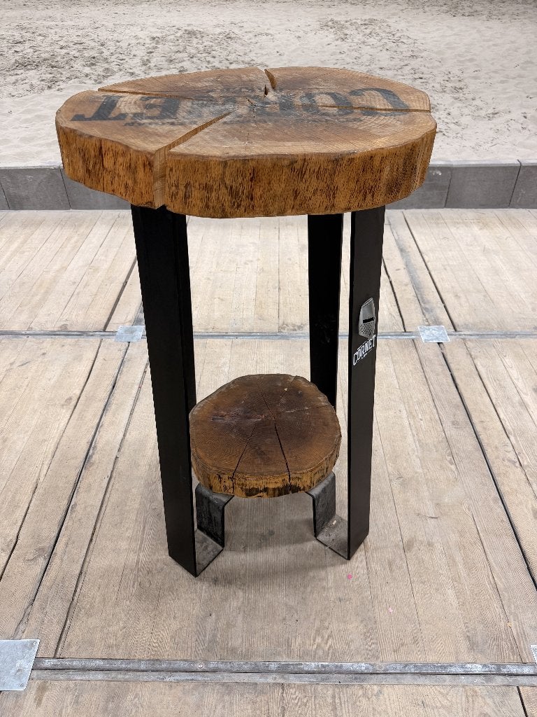 Bartafel Cornet, boomstam bartafel met industrieel onderstel, Ophalen, Gebruikt, Rond, Hout