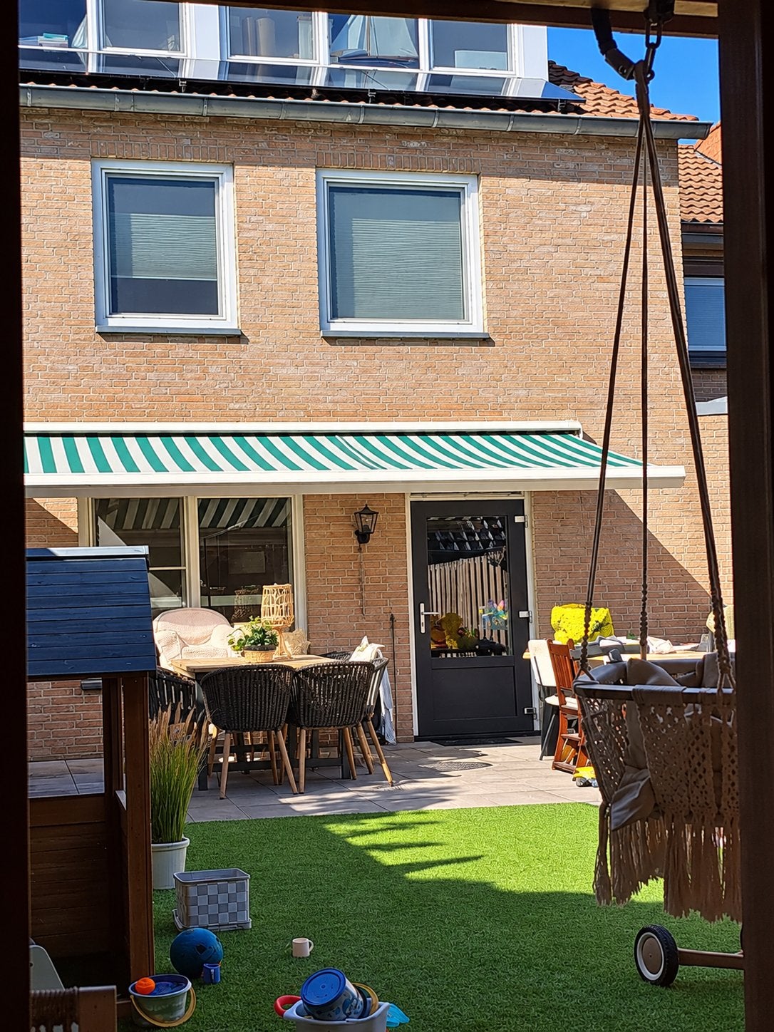 Groen-wit gestreept knikarmscherm, Tuin en Terras, Ophalen, Zo goed als nieuw, 150 tot 300 cm, 250 cm tot 450 cm
