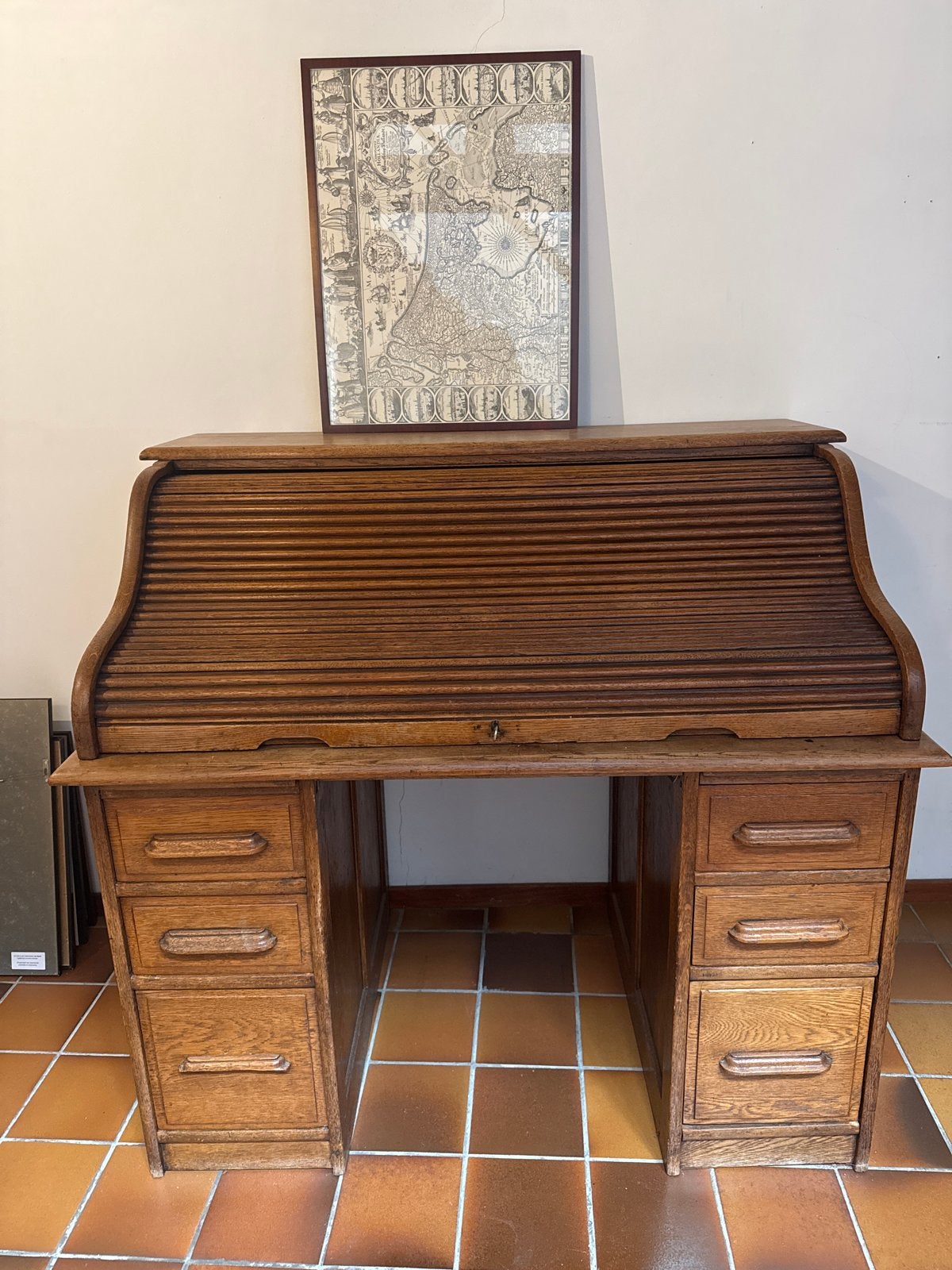Antiek rolluikbureau eikenhout - 121x80x115 cm, Antiek en Kunst, Ophalen of Verzenden