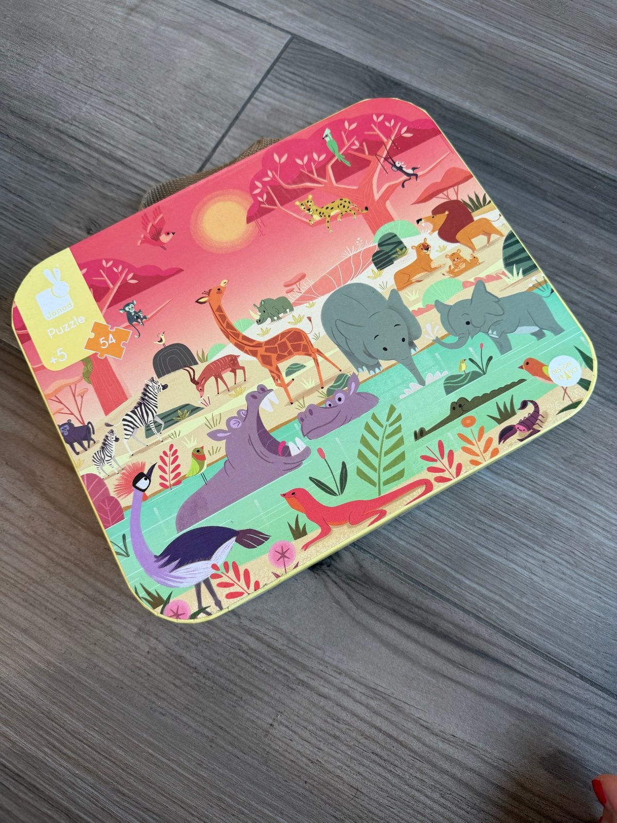 Janod Safari Puzzel 54 stukjes in koffer, Ophalen of Verzenden, Meer dan 50 stukjes, Zo goed als nieuw, 4 tot 6 jaar