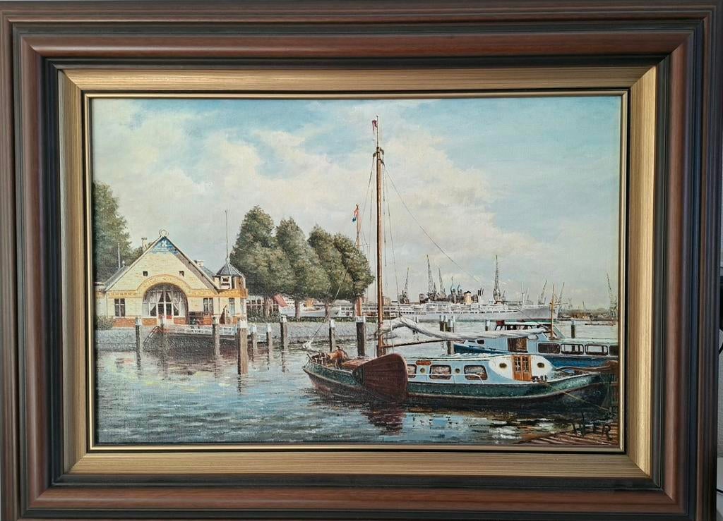 Schilderij Henk van der Veer. Haven Rotterdam jaren '60, Antiek en Kunst, Kunst | Schilderijen | Klassiek, Ophalen