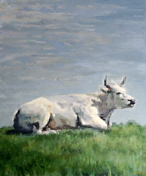 Olieverfschilderij van koeien in de wei, Doek, Realistisch, Dieren, Ophalen of Verzenden