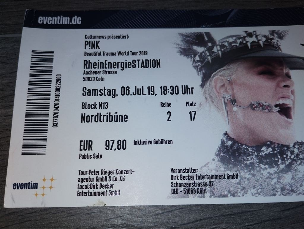 Oud Concertkaartje Pink RheinEnergie Stadion 6 Juli 2019, Tickets en Kaartjes, Drie personen of meer, Maart