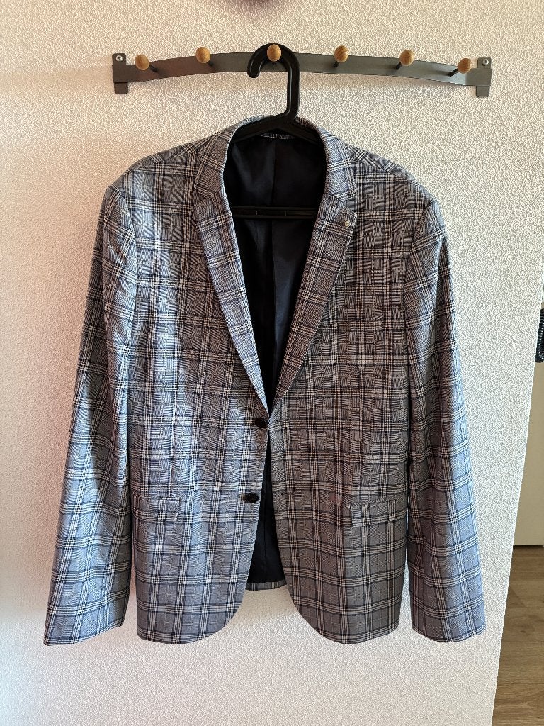 Te koop: NIEUW geblokt colbert, skinny fit, stretch, L, WE., Kleding | Heren, Kostuums en Colberts, Maat 52/54 (L), WE, Blauw