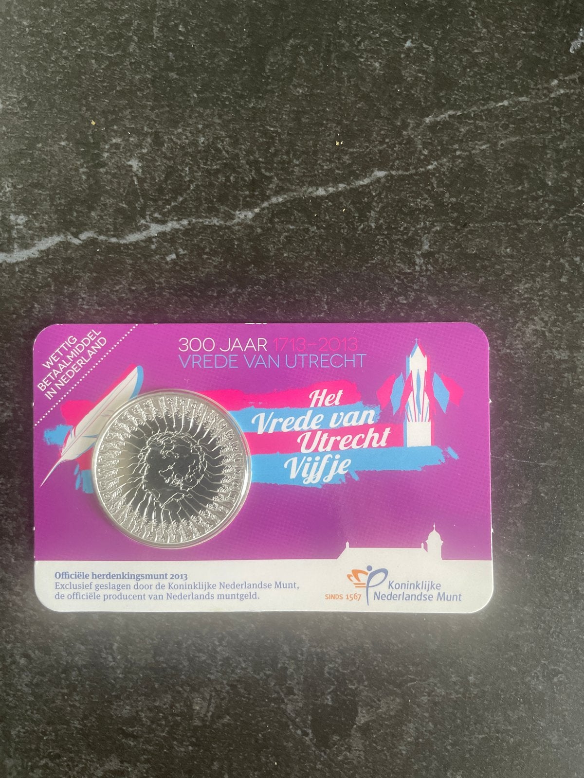 Zwaar verzilverde €5 munt 'Vrede van Utrecht' 2013, Postzegels en Munten, Munten | Nederland, Koningin Beatrix, Zilver, Euro's