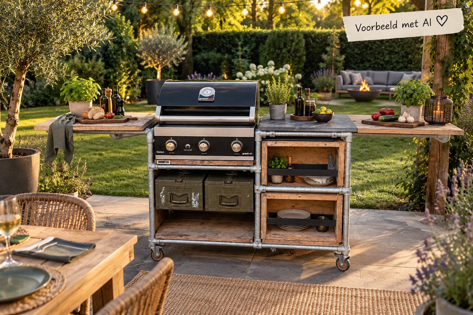 Custom made industriële buitenkeuken Grandhall BBQ 260 cm, Tuin en Terras, Buitenkeukens, Ophalen, Gebruikt, Gas, Vrijstaand