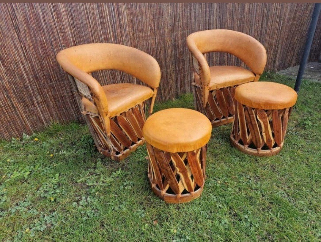 Handgemaakte Mexicaanse equipe stoelen met krukken, Ophalen, Gebruikt, Minder dan 75 cm, Leer