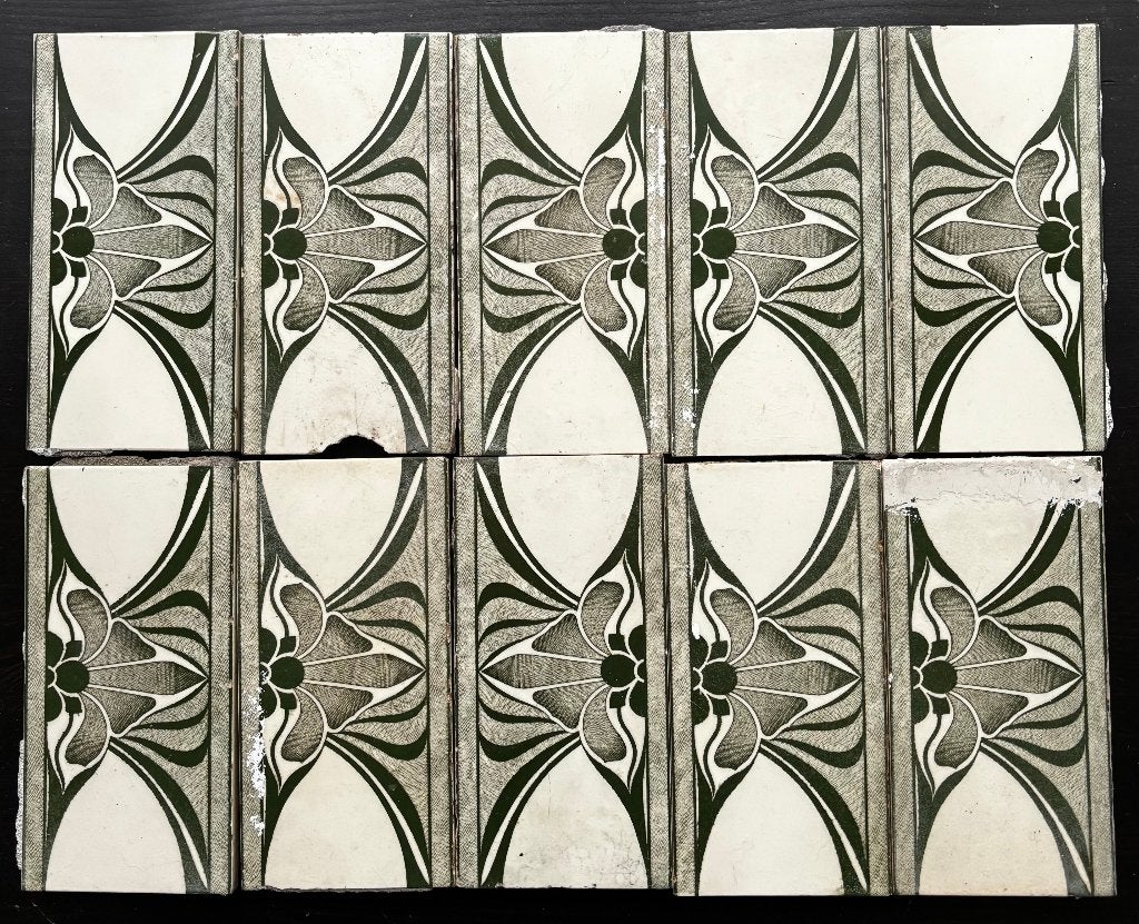 10 stuks Art Nouveau Jugendstil tegels groen wit antiek, Ophalen