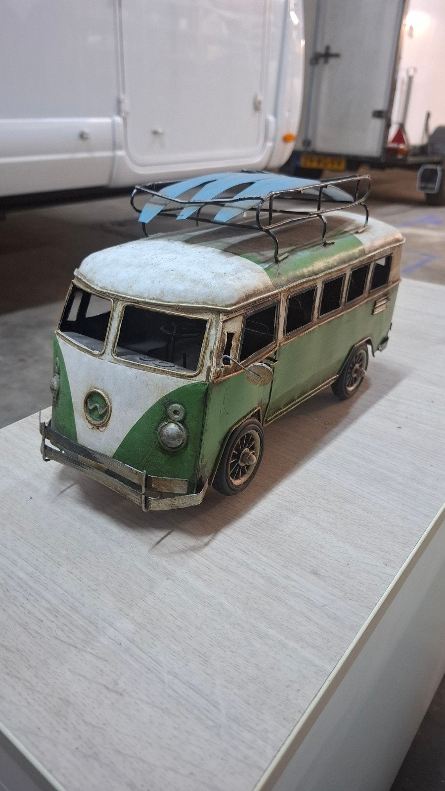 Vintage VW Bus Decoratie - Groen/Wit Metaal Model, Vintage, Gebruikt, Meerkleurig, Ophalen of Verzenden