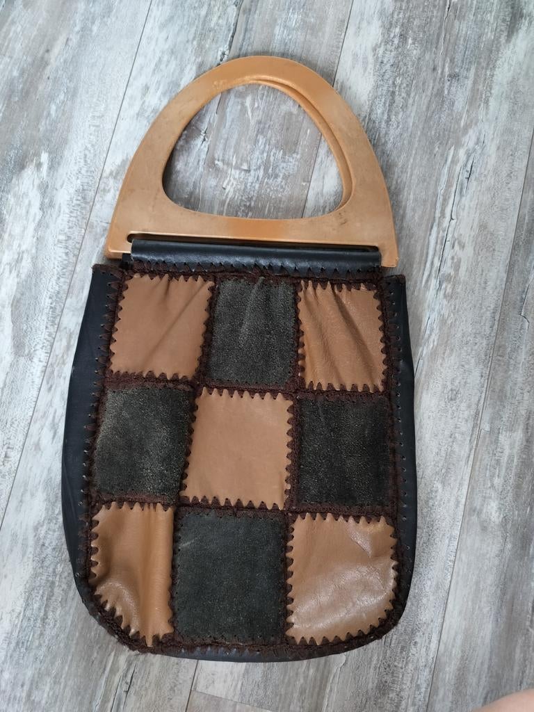 Vintage leren patchwork tas, Sieraden, Tassen en Uiterlijk, Tassen | Damestassen, Ophalen of Verzenden, Zo goed als nieuw, Bruin