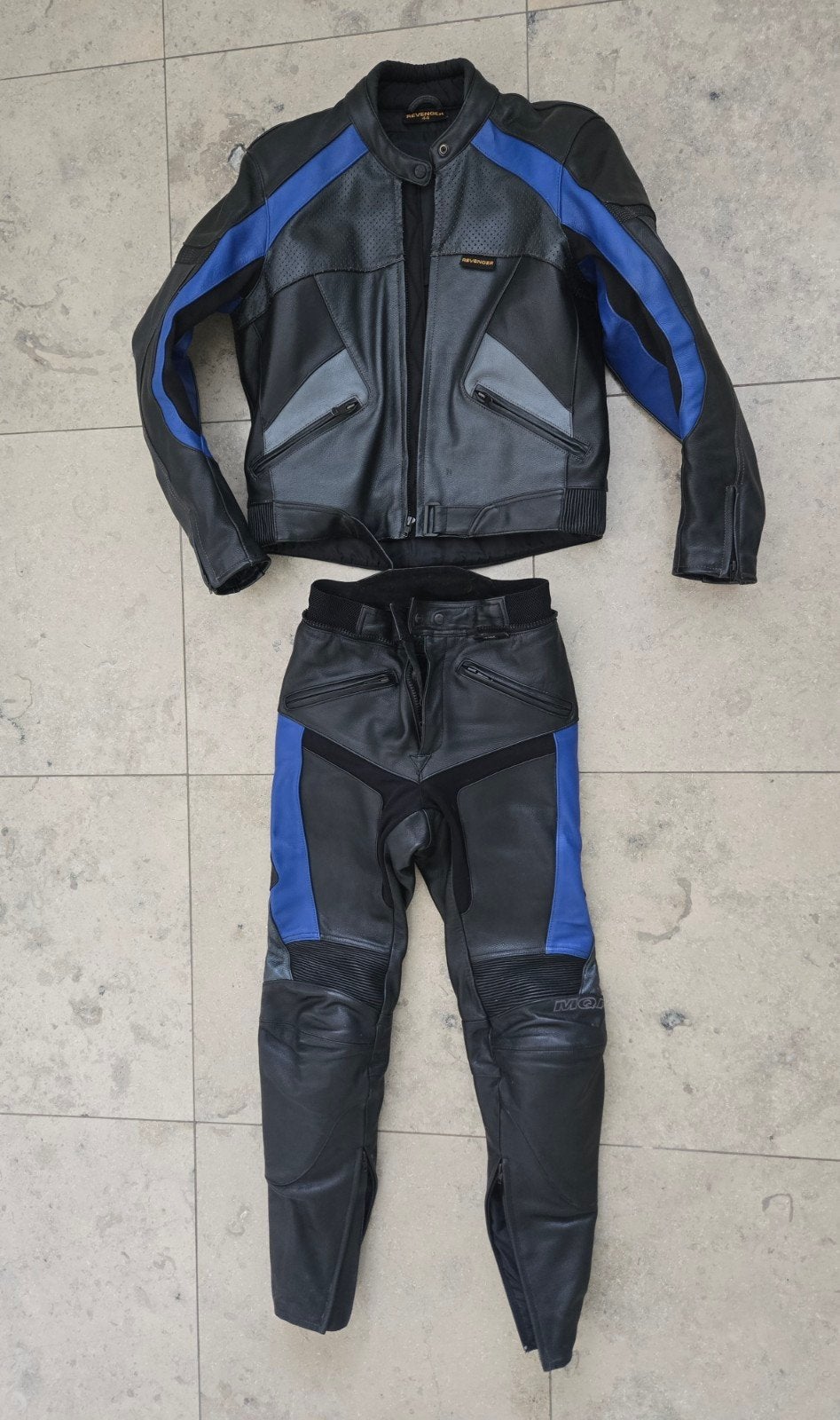 compleet MQP leren motorpak (zwart/blauw), Ophalen of Verzenden, Tweedehands, Combipak, MQP