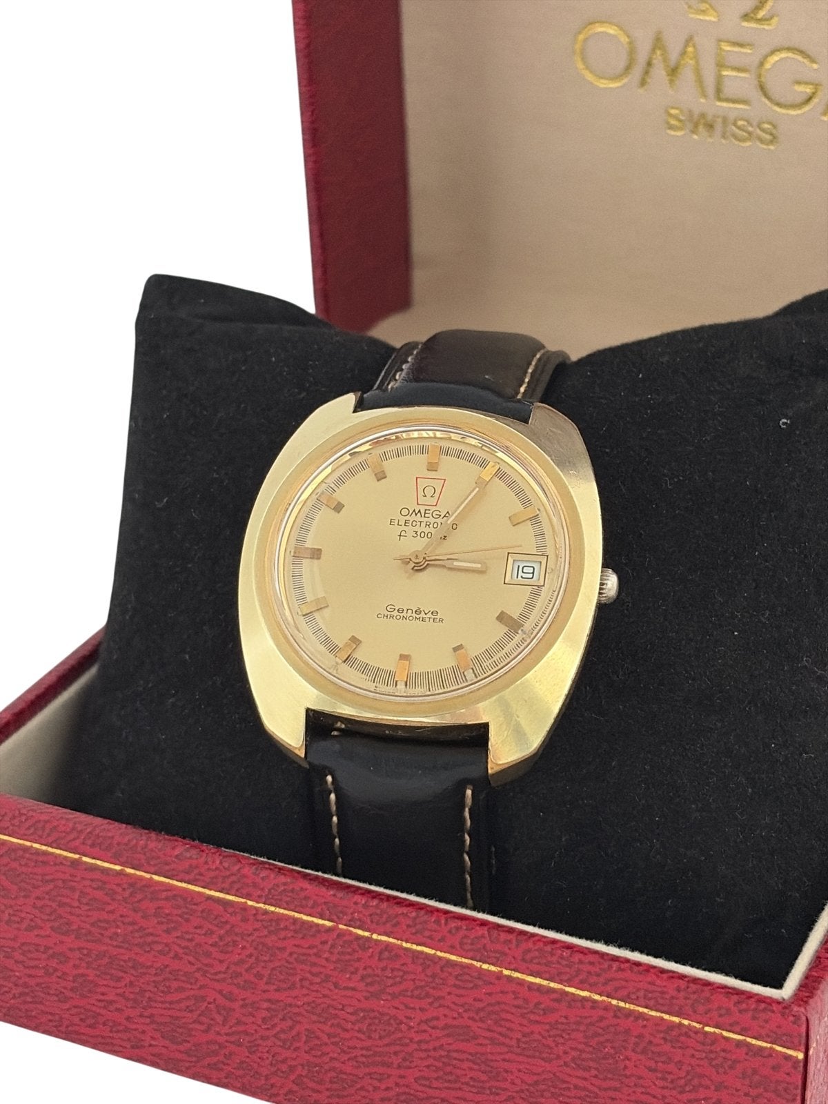 Omega Electronic Genève – Vintage herenhorloge, Leer, Staal, Polshorloge, Ophalen of Verzenden