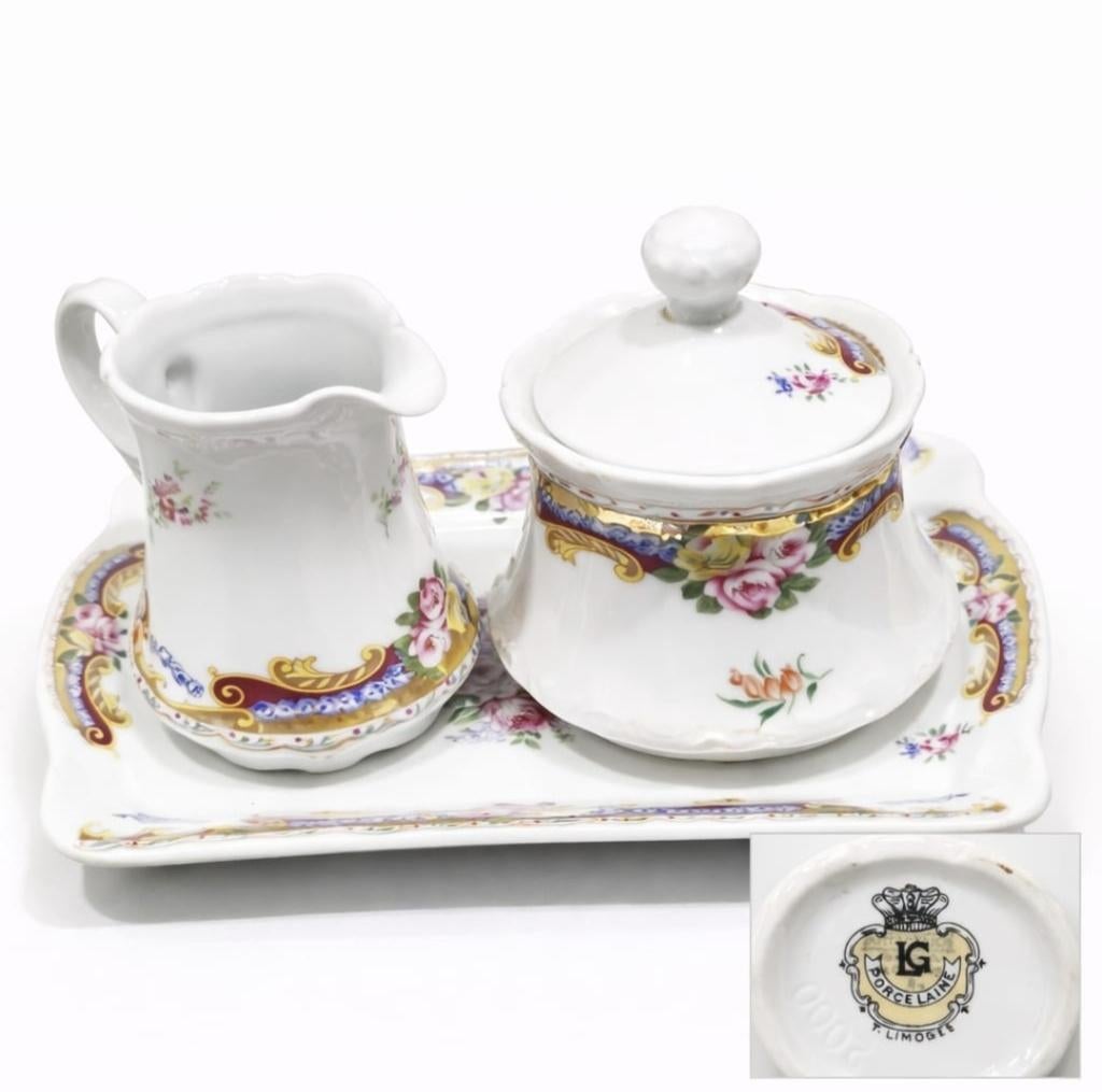 Limoges porseleinen suikerpot & melkkan met dienblad, Verzamelen, Ophalen of Verzenden, Gebruikt, Porselein, Overige typen