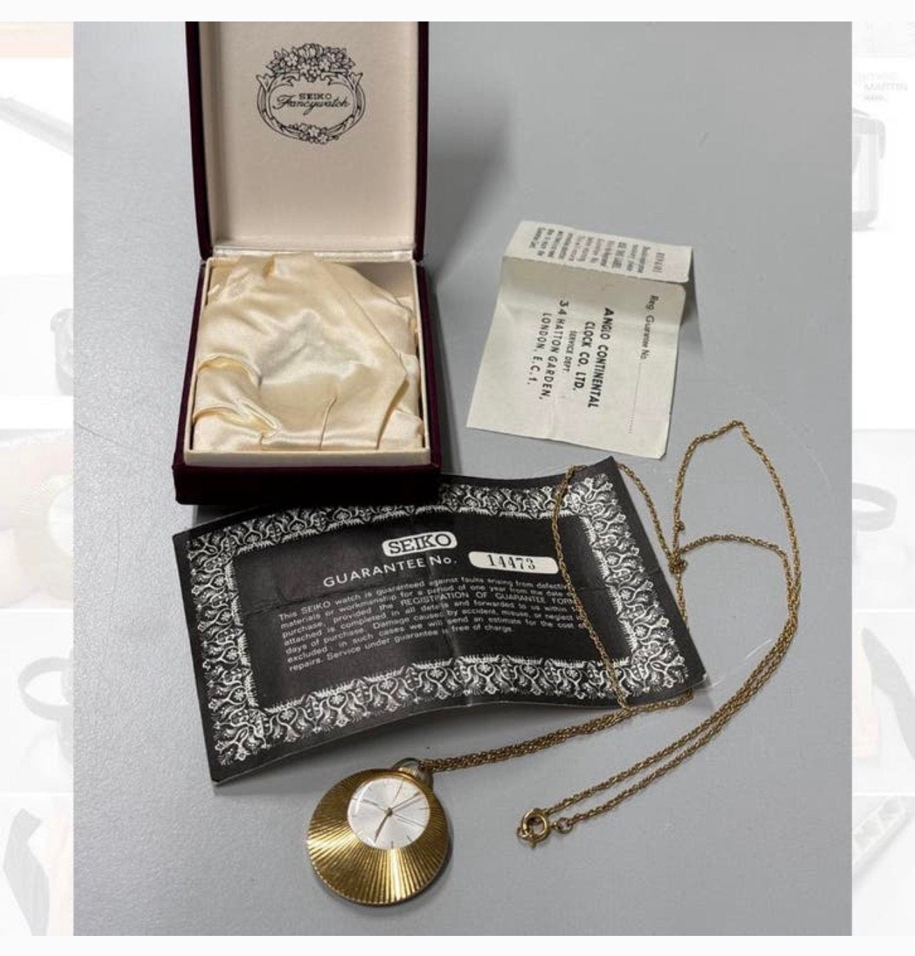 1960-1970 horloge Seiko + ketting Bladgoud zakhorloge antiek, Ophalen of Verzenden, Goud, Verguld
