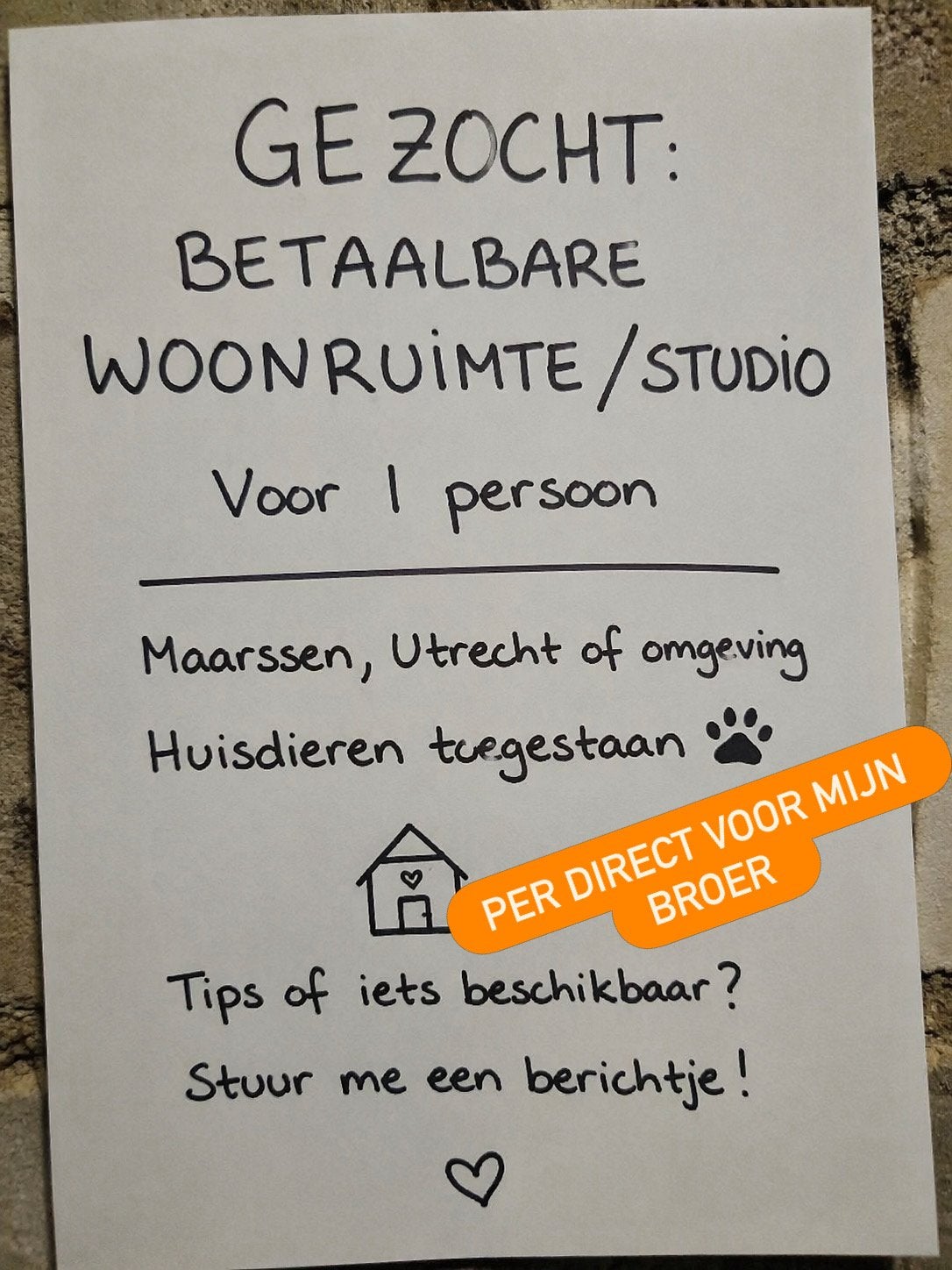 Gezocht - dakloos momenteel - woonruimte