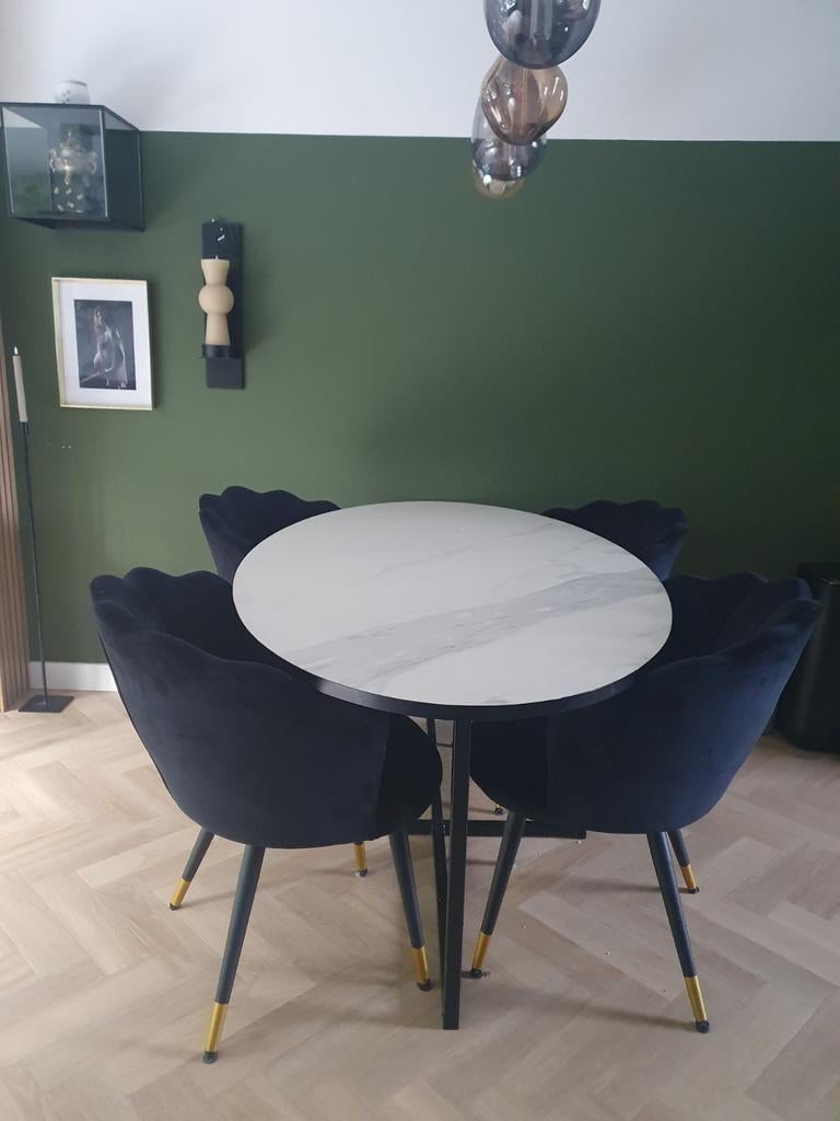 Ovale marmerlook eettafel met zwart metalen onderstel, Ophalen, 100 tot 150 cm, Overige materialen, 200 cm of meer