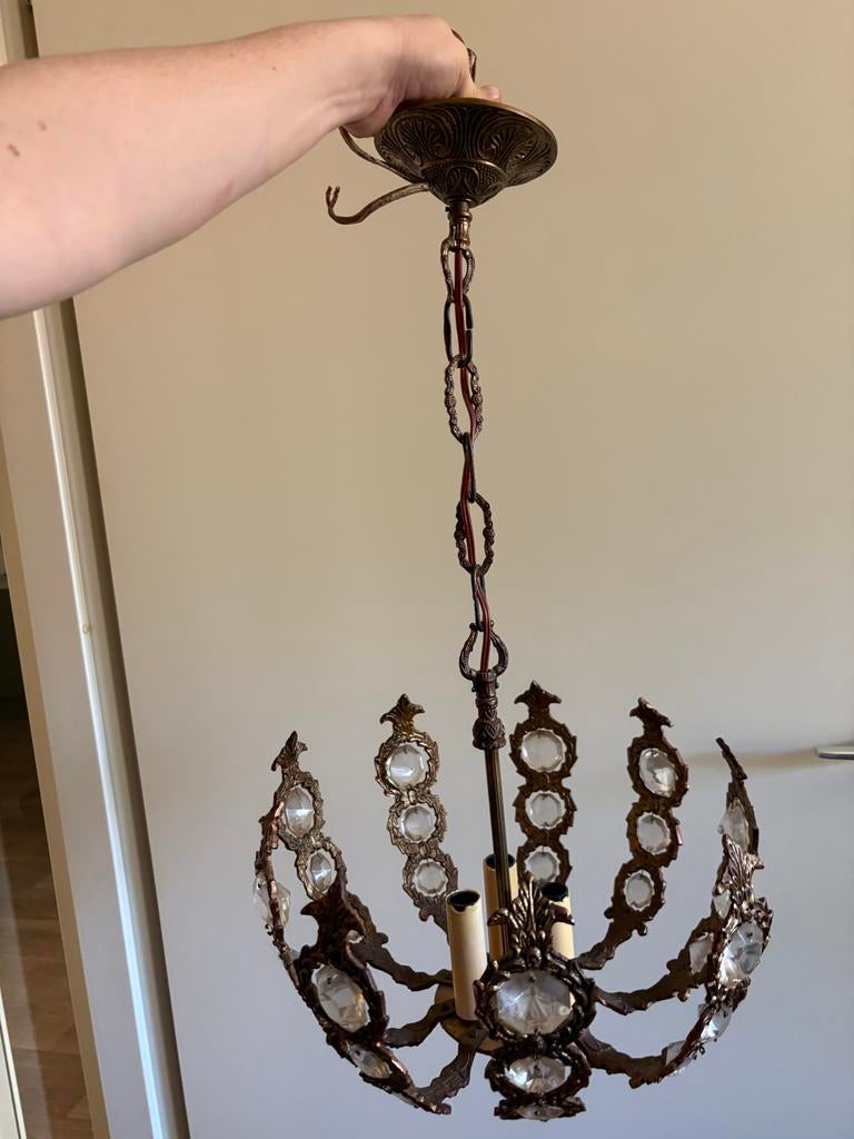 Antieke bronzen kroonluchter met kristallen, Ophalen, Gebruikt, Metaal