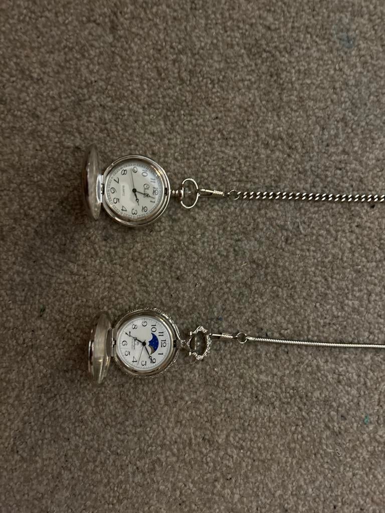 Set van 2 Vintage Zakhorloges met Ketting, Zakhorloge, Gebruikt, Overige materialen, Zilver