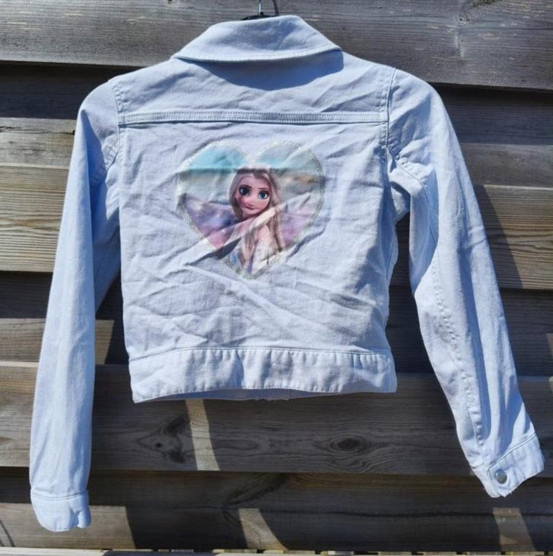 Frozen spijkerjasje maat 134 H&M, Gebruikt, Meisje, H&M, Ophalen of Verzenden