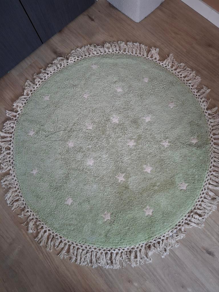 Rond groen vloerkleed met sterren en franjes, Ophalen, Gebruikt, Rond, Groen