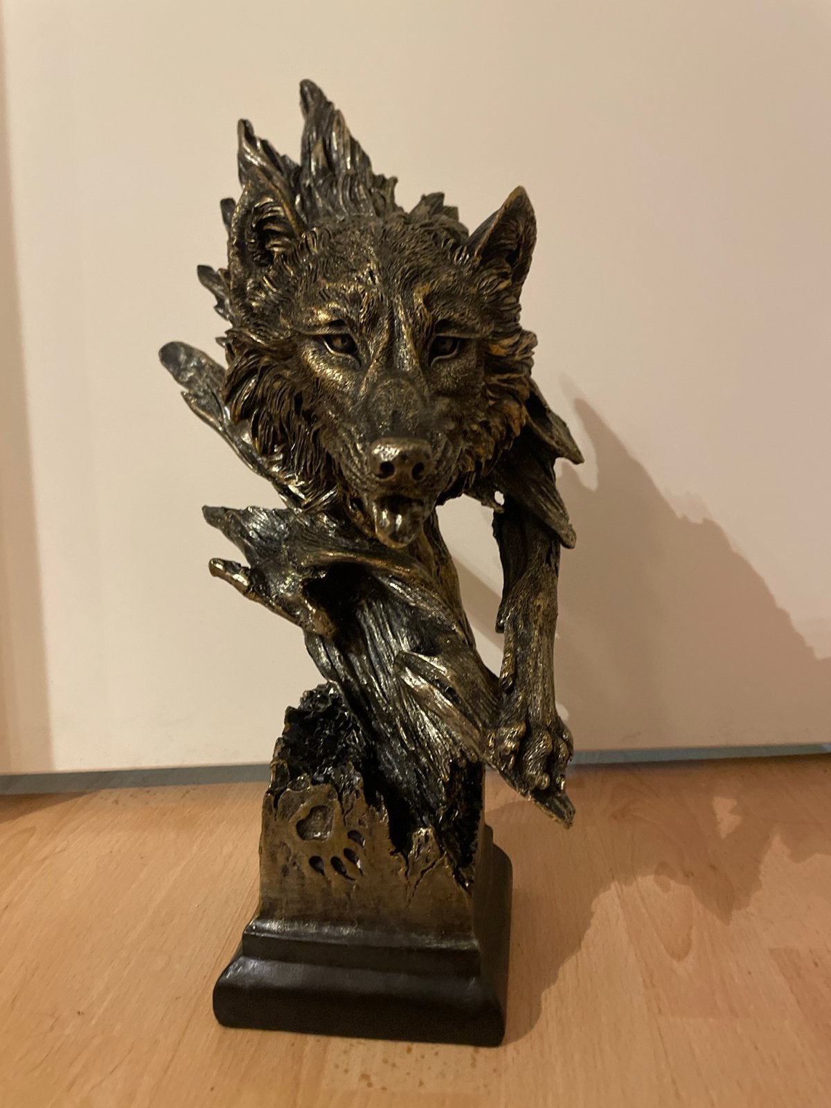 Bronzen Houten Wolf Buste - 39cm hoog, Antiek en Kunst, Buste, Ophalen of Verzenden, 20 - 50 cm, Hout