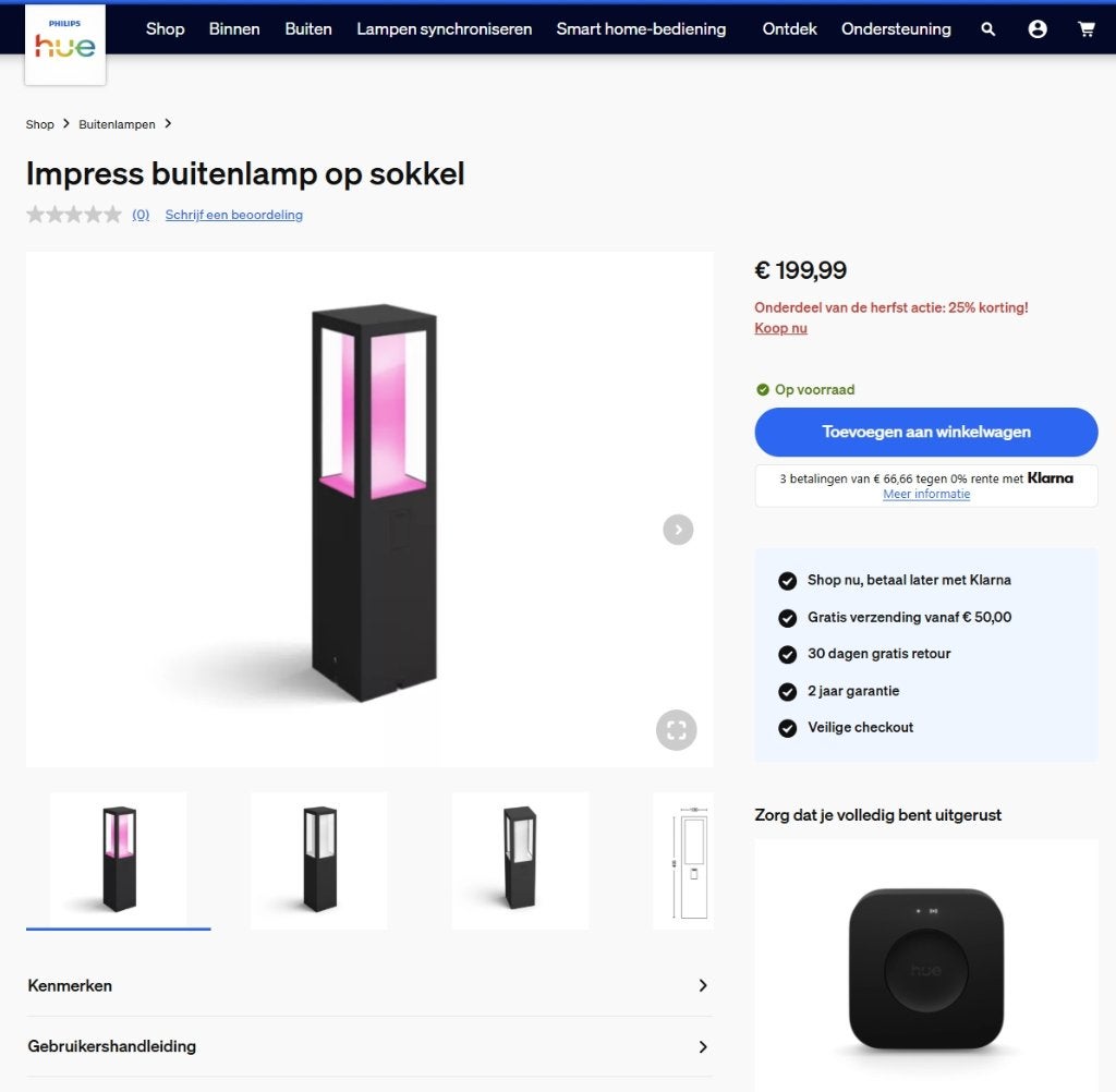 Philips Hue Impress Buitenlamp Sokkel 230V  (3 stuks), Overige fittingen, Ophalen of Verzenden, Zo goed als nieuw, Glas