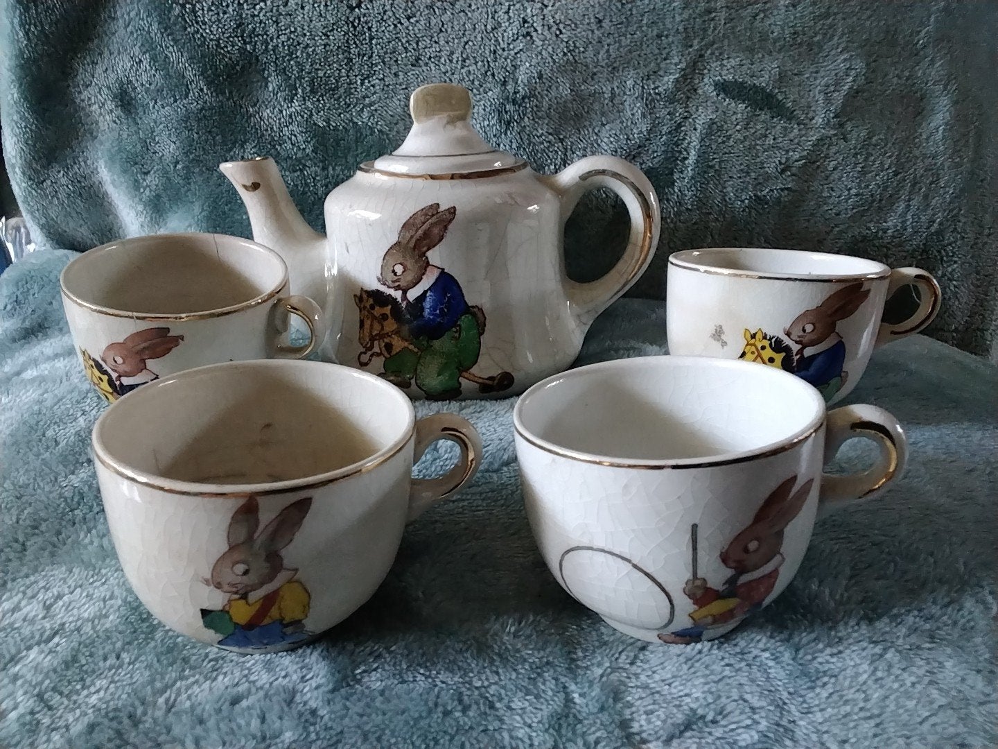 Vintage Kinderservies met Konijntjes - Theepot en Kopjes, Ophalen of Verzenden