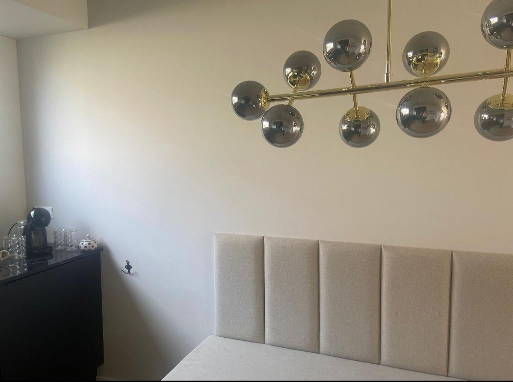 Design hanglamp"Made" goud met smoke glazen bollen Leerdam., Ophalen, Zo goed als nieuw, Glas, Luxe hotel chique