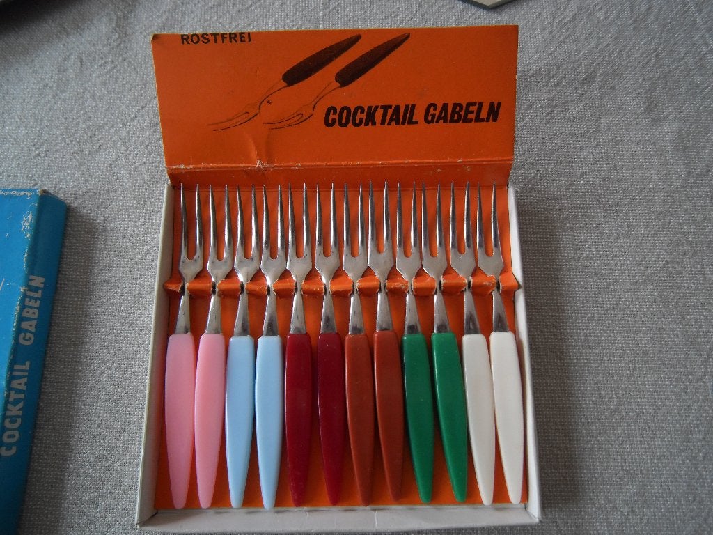 vintage cocktailvorkjes, Ophalen of Verzenden, Gebruikt, Rvs of Chroom