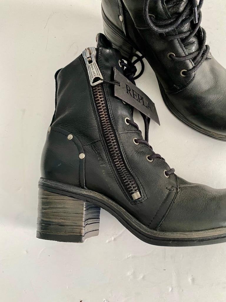J481 Nieuw: Replay maat 38 boots lage leren laarsjes leer, Zwart, Nieuw, Replay, Ophalen of Verzenden