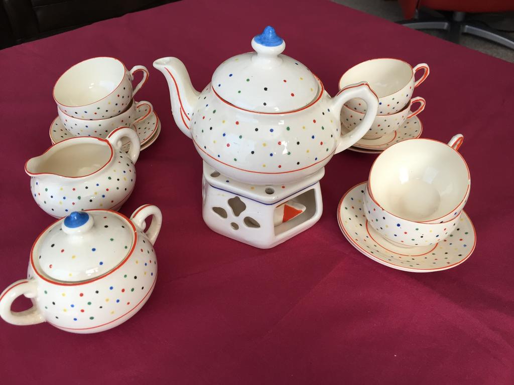 Antiek Polkadot kinderservies aardewerk 1930 6 persoons, Ophalen of Verzenden