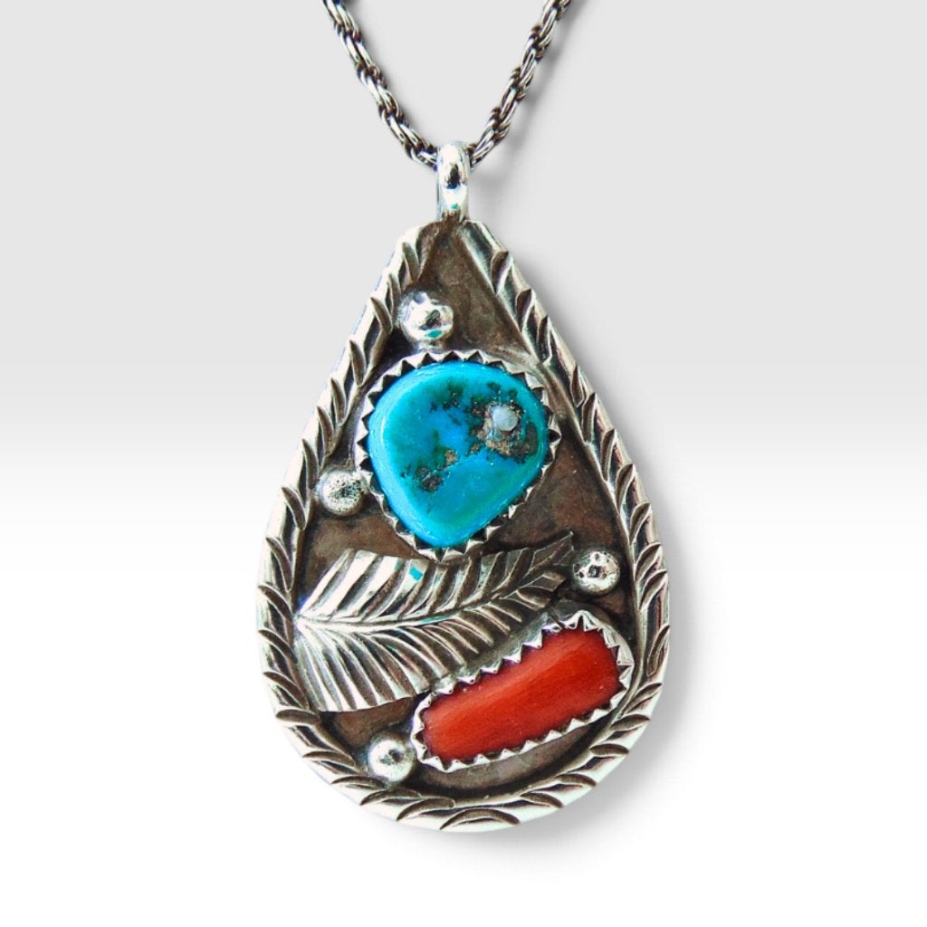 Prachtige grote zilveren NAVAJO turquoise koraal hanger!