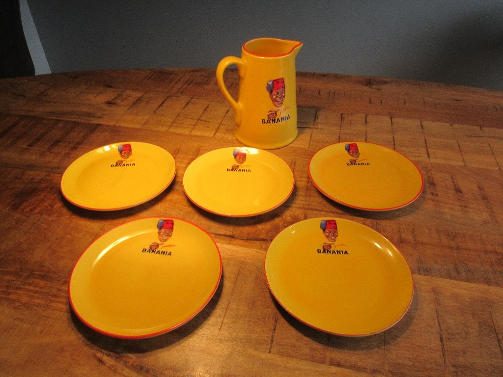 5 Banania bordjes + Grote schenkkan steen geel Frans, Ophalen of Verzenden, Nieuw, Reclamebord