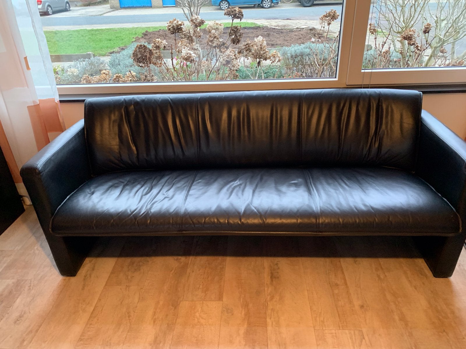 Zwart leren leo lux bank, Ophalen, Gebruikt, Minder dan 75 cm, 150 tot 200 cm