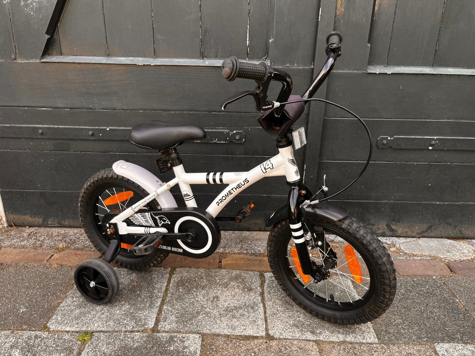 Kinderfiets 12 inch - Terugtraprem, zijwieltjes - Prometheus, Ophalen, Terugtraprem, Zijwieltjes, Gebruikt