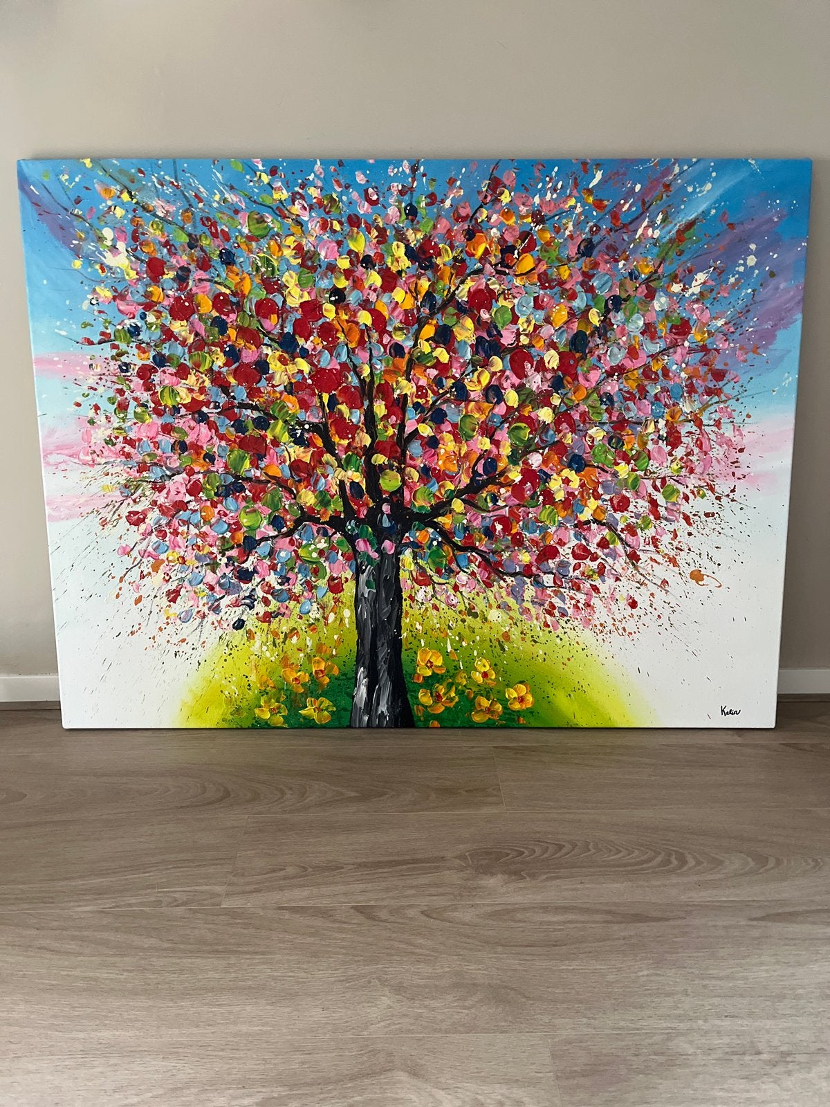 Kleurrijke Levensboom Olieverfschilderij 90x120 cm, Ophalen, Overig onderwerp, Handgeschilderd, Olieverf