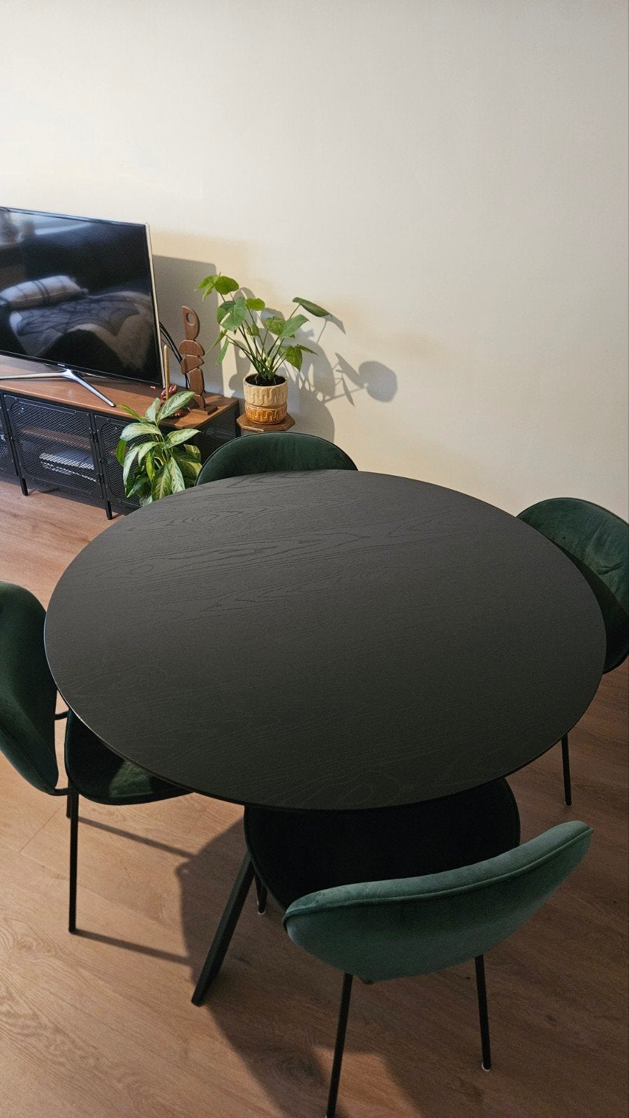 Zwarte ronde eettafel met 4 groene stoelen, Modern, Scandinavisch, Rond, Zo goed als nieuw, Vier personen